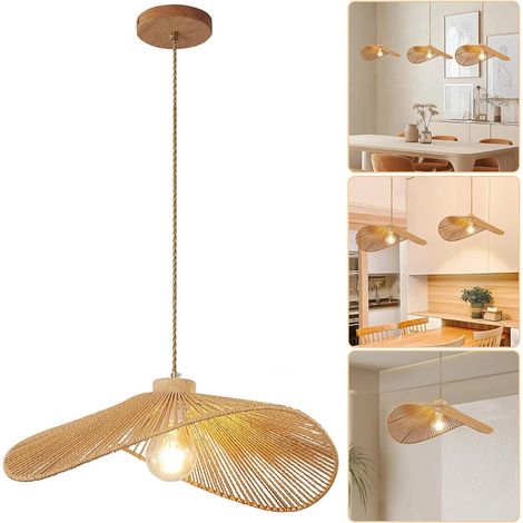 Suspension bohème, lustre en corde de chanvre tressée à la main, lampe suspendue de style wabi-sabi, plafonnier avec ampoule, lumière chaude, φ40cm (1/5)