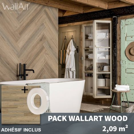 Lambris PVC imitation bois naturel brun – Adhésif double face inclus – 2,09m² – Installation rapide et simple pour décoration murale – Wallart (1/5)
