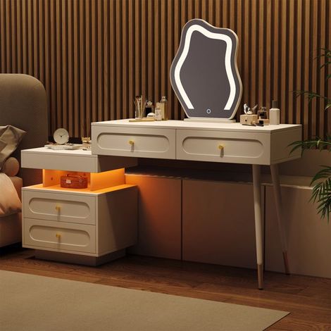 POCKETPOP Frisiertisch mit Spiegel, LED, 4 Schubladen und 1 Fach, L 140/P 40/H 130 cm, Weiß