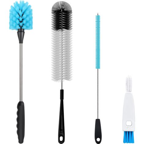 Lot de 3 brosses à biberon, 38 cm, long, brosse de cuisine, avec nettoyant à paille et brosse pour couvercle, goupilles pour bouilloire, tasses, verres, biberons, bleu (1/5)