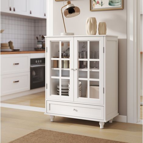 Credenza 71x38x93 cm in MDF bianco con ante in vetro e cassetto - MEUBLIV (1/5)