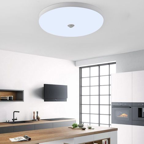 Plafonnier LED avec détecteur de mouvement, 30 W, 6600 K, lumière blanche froide, Ø 25 cm, rond, blanc, pour cuisine, couloir, escalier, chambre, entrée (IP40) (1/5)