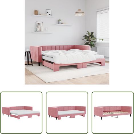 vidaXL Lit gigogne - Lit de jour avec lit gigogne et matelas rose 100x200 cm velours (1/5)