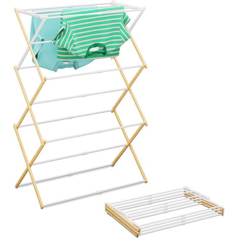 Relaxdays Stendibiancheria Pieghevole, Stendino Verticale a Torre, 11 Aste, HLP: 107x43-74x37 cm, Bambù e Ferro, Bianco