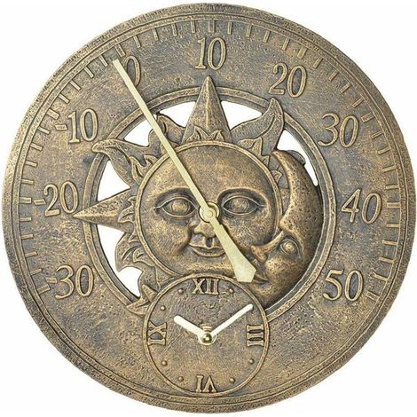 Garden Outdoor Thermometer Clock Vintage Wall Station Clock Retro Decoration Hanging Clock Sun Moon Pattern Waterproof Garden Decorations (1/5)