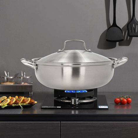 304 Stainless Steel Wok with Lid, Frying Wok Pan Stir-Frying Pan for Induction, Gas, Electric & Halogen Stoves (30cm)