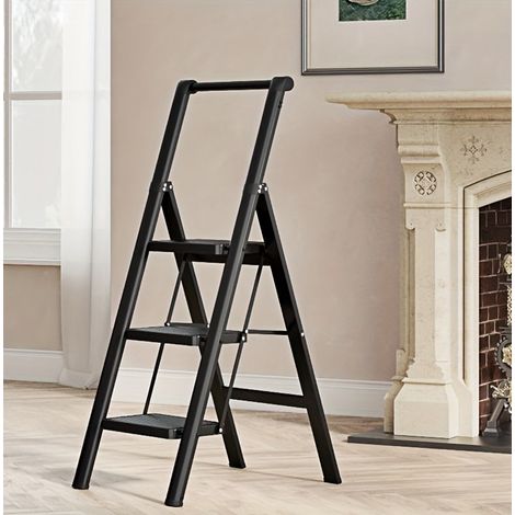 Escabeau pliant 3 marches avec main courante, acier noir, 64 x 42 x 112 cm, OKMYHOME (1/5)