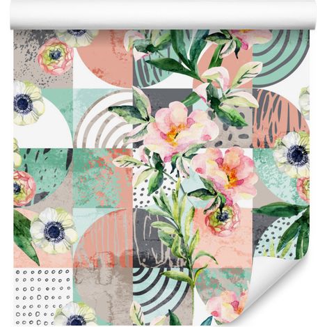 Papel pintado modernista con diseño floral tipo patchwork para salón y dormitorio, 50x1000 cm. (1/5)