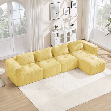 Divano modulare angolare a 4 posti 344x162x67 cm, con pouf, design senza telaio, seduta profonda, poliestere giallo (1/5)
