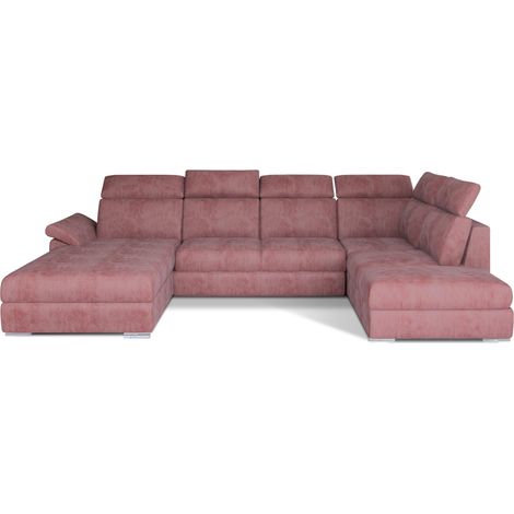 Canapé panoramique convertible LEVANO velours - Rangement et appuie-têtes réglables à droite-Rose poudré-Coffre à droite (1/5)