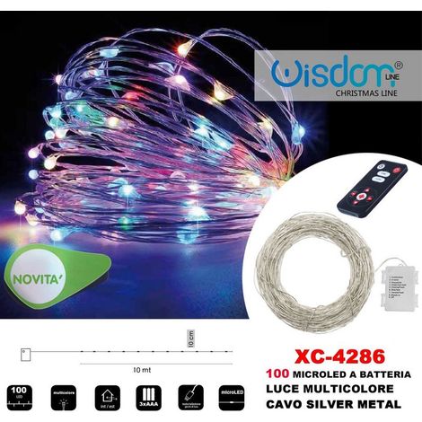 Wisdom - Catena Luminosa 100microled A Batteria Cavo Silver Metal Luce Multicolore Xc-4286 -