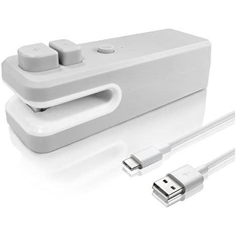 Mini scelleuse 11 x 3 x 3,5 cm, scelleuse sous vide portable avec coupe-sacs et découpe-sacs, scelleuse thermique rechargeable 2 en 1 pour sacs de conservation alimentaire et snacks (1/4)