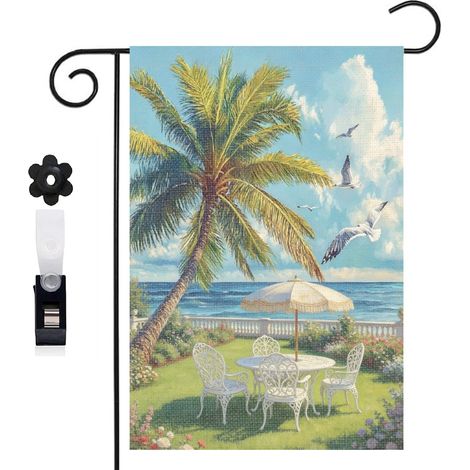 Drapeau de jardin Welcome et table de jardin sur la plage 30 x 45 cm décoration cour et balcon (1/5)