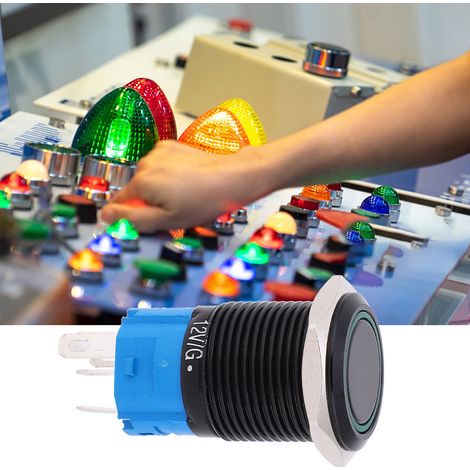 2 interrupteurs à bouton-poussoir 12 V CC 16 mm à 5 broches, autobloquants, étanches IP65, avec voyant lumineux (vert) (1/5)