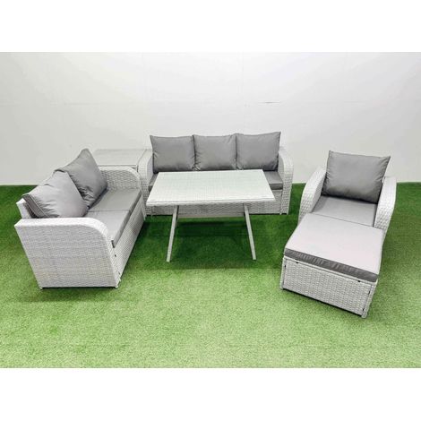 Fimous Rattan High Back Lounge Sofa Set Patio Dining Table & Chairs Set with 3 Seater Sofa Reclining Chair Side Table Big Stool Light Grey (1/4)