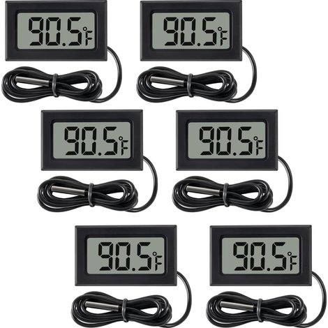 Juego de 6 termómetros digitales con cable para coche, invernadero, uso en interiores, congelador, frigorífico o acuario. Plástico, color negro. (1/5)