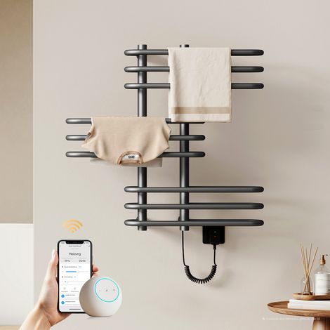 EMKE Sèche-serviettes Électrique Connecté 375W, Tubes Ronds Double Face, Radiateur Salle de Bain WiFi, 66x70 cm, Gris Anthracite