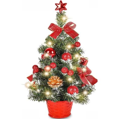Mini Sapin de Noel Artificiel, Petit Arbre de Noël avec des lumières LED, Mini Desktop Arbre Décoration pour Bureau Commercial Bar 40cm,rouge (1/4)