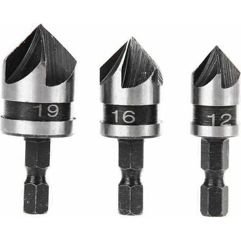 3pcs 90 Degree 5 Flute Chamfer Cutters Set For Woodworking Metal Quick Change 1/4 "Hex Carbon Steel Chamfer Drill Bit 12/16 / 19mm Woodworking Chamfer Cutting Tool (1/5)