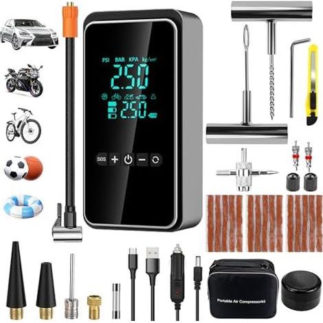 Portable Air Compressor, Car Tire Inflator with 25-Piece Tire Repair Kit, Cordless, Mini Electric Pump for Car, Motorcycle, Bicycle, Ball - XL (1/5)