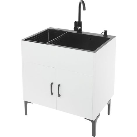 Évier de cuisine autoportant avec meuble bas et robinet, évier en acier inoxydable avec 1 bac, égouttoir et unité d'évacuation, pour cuisine, jardin, extérieur, atelier, buanderie, camping (blanc)