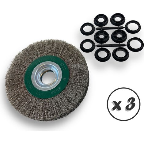 Lot de 3 brosses circulaires INOX  Ø 175 mm  Epaisseur 2 rangs  Fil dur 0.30 mm ondulé  Alésage 32 mm + réducteur bague 25/22/20/16/12 mm  Touret affûteuse ponceuse  Kibros 235177ITx3 (1/5)