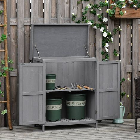 Armoire jardin bois double porte rangement extérieur étagère grise 74x43x88 cm (1/5)