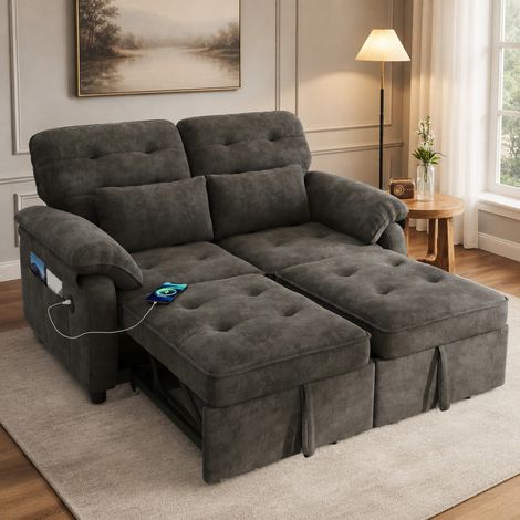 Divano letto 3 in 1 2 posti 142x90x86,5 cm in ciniglia grigia salvaspazio – MEUBLIV (1/5)