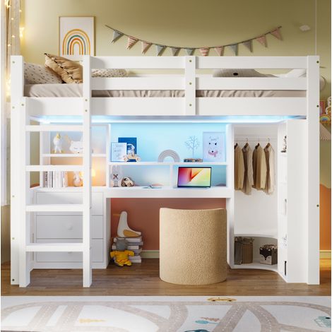 Lit mezzanine moderne 90x200 cm en pin blanc avec LED, bureau, armoire, tiroirs et rangements (1/5)