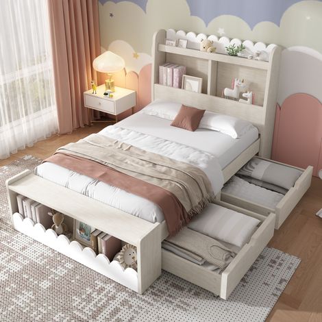Kinderbett Einzelbett 90x200 cm modern mit Lattenrost, 2 Schubladen, Regalen und Stauraumbank, Holz Weiß und Eiche hell (1/5)