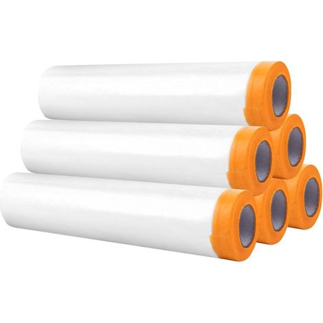Packung mit 6 Rollen Abdeckfolie mit Klebeband, 180 cm x 10 m, transparente Polyethylen-Schutzfolie mit gelber Rückseite, zum Schutz vor Staub beim Streichen von Wänden
