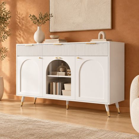 Credenza 140/40/85,5 cm bianca con 4 ante, 3 cassetti e inserti in acrilico (1/5)