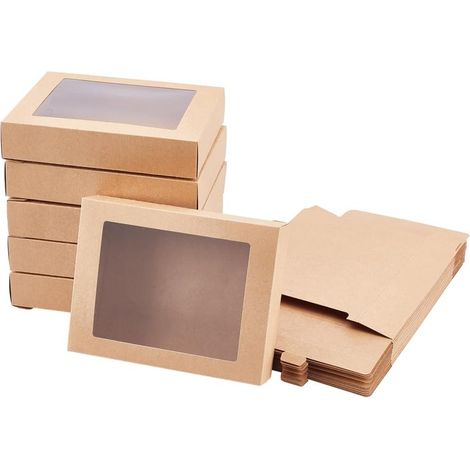 Lot de 24 boîtes cadeaux pliables en papier kraft avec fenêtre de 10 x 7,5 cm pour friandises de fête et emballage de bijoux, finition 14,5 x 10,5 x 2,5 cm
