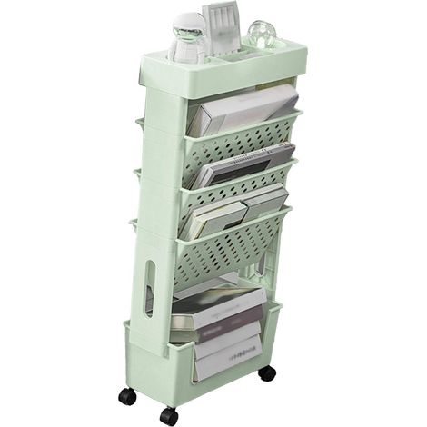 Étagère à livres mobile multifonction, grande capacité, 4 roulettes pivotantes, meuble de rangement à plusieurs niveaux pour bureau, école et maison, vert (1/5)