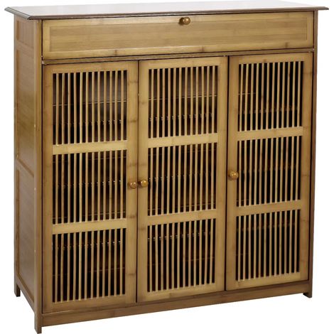 Armoire de rangement de chaussures en bambou à 4 niveaux, étagère à chaussures en bois avec 3 portes creuses (1/5)