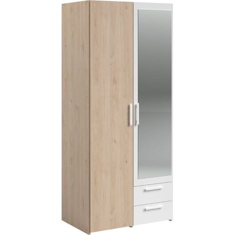 Armoire 2 portes 2 tiroirs aspect bois avec miroir encadrement blanc - AMAEL (1/5)