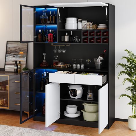 Buffet haut noir avec éclairage LED, vitrine en verre, portes, tiroirs et casier à vin pour salon, salle à manger et bureau (1/5)