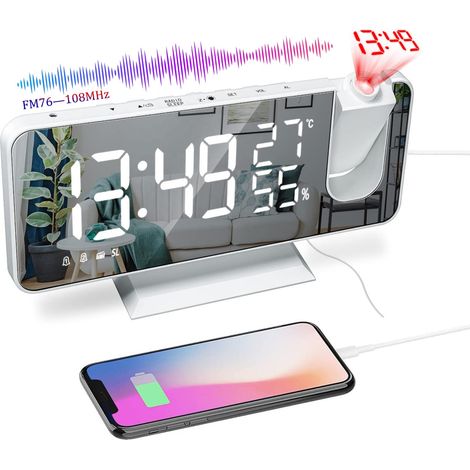 Réveil Projecteur Plafond LED 180° avec Double Alarmes, Radio, Port USB, Capteur Température et Humidité