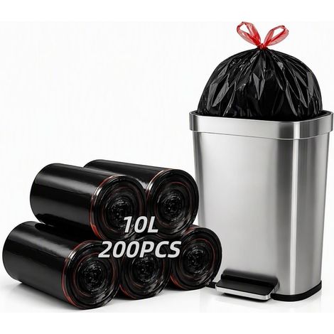 200 Sac Poubelle avec Liens Coulissants 10L 5 Rouleaux 50x60cm (1/5)