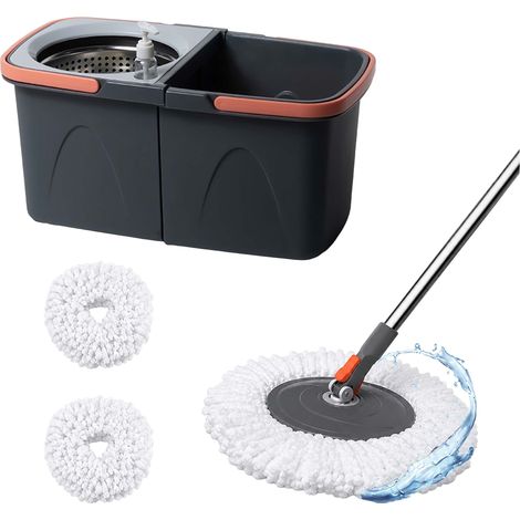 Relaxdays serpillère, seau 14 L, essoreuse, H x L x P : 25,5 x 26 x 48,5 cm, 2 têtes microfibre triangulaires, gris