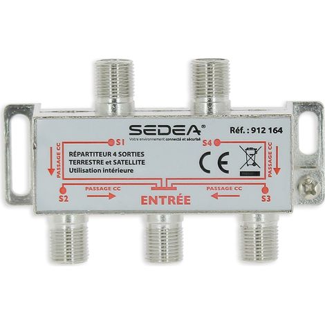 Répartiteur TV intérieur 1 entrée/4 sorties – Faible perte 8 dB terrestre, 12 dB satellite – Bande passante 5-862 MHz et 950-2300 MHz – Sedea (1/3)