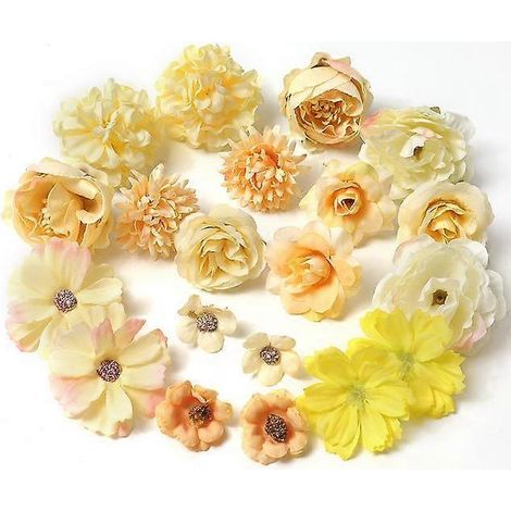 Lot de 20/14 fleurs artificielles mélangées, roses en soie, fausses fleurs pour la décoration intérieure, les mariages, les guirlandes artisanales et les cadeaux.jaune (1/5)