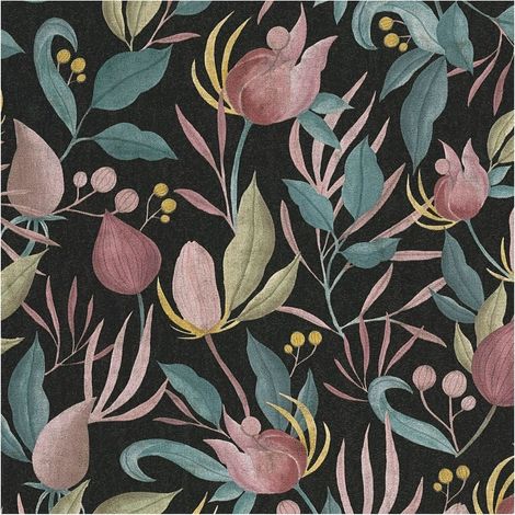 Flowers wallcovering wall Profhome 790622 hot embossed non-woven wallpaper slightly textured with floral ornaments matt black antique pink pastel blue olive yellow 5,33 m2 (1/5)