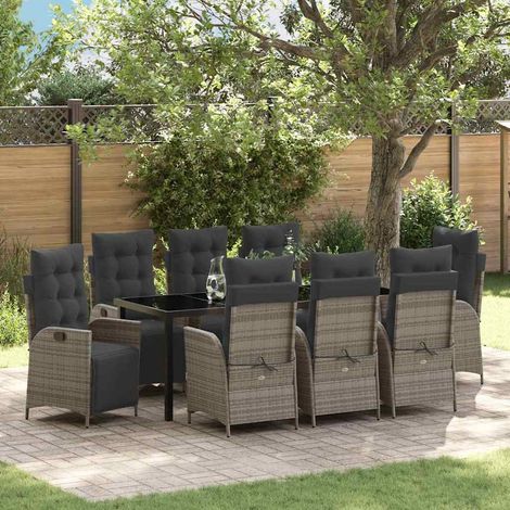 Garten Essgruppe mit Kissen 9 pcs Grau Poly-Rattan (1/5)