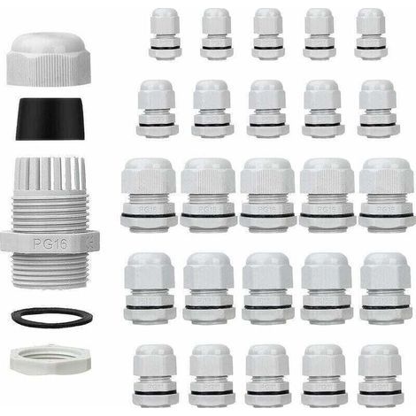 Packung mit 25 wasserdichten Kabelverschraubungen – verstellbar – PG7, PG9, PG11, PG13,5, PG16 – Kabelverbinder – Überwurfmuttern – Kunststoffdichtungen mit Unterlegscheibe – weiß (1/4)