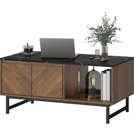 Wohnzimmer-Couchtisch mit weißer Marmorplatte, 2 Türen, 2 Nischen, 100 x 50,8 x 45,7 cm, Nussbaum