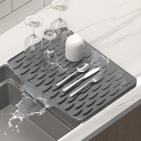 Silikon-Abtropfmatte für Küchenarbeitsplatte oder Spüle mit integriertem Abtropfrand, schnelltrocknend, rutschfest, leicht zu reinigen, hitzebeständig, 40 x 33 cm, grau
