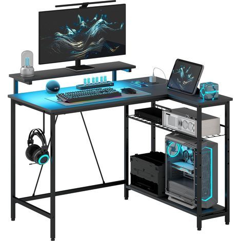 Bureau d'angle, noir, 107x80x90cm, réversible, LED, 2 prises, 2 ports USB, panier réglable (1/5)