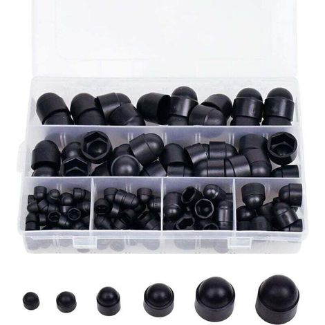 Lot de 145 Cache-Écrous Hexagonaux en Caoutchouc Noir M4 M5 M6 M8 M10 M12 avec Boîte de Rangement