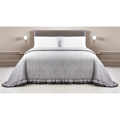 Copriletto Trapuntato Arles Matrimoniale Trapuntino Bicolore Due Piazze Con Balze Volant Coperta Leggera Primavera Estate Grigio/Antracite